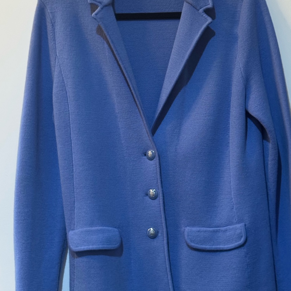 Talbots Periwinkle Sweater Blazer Knit Jacket w/ Crest Buttons & Pockets